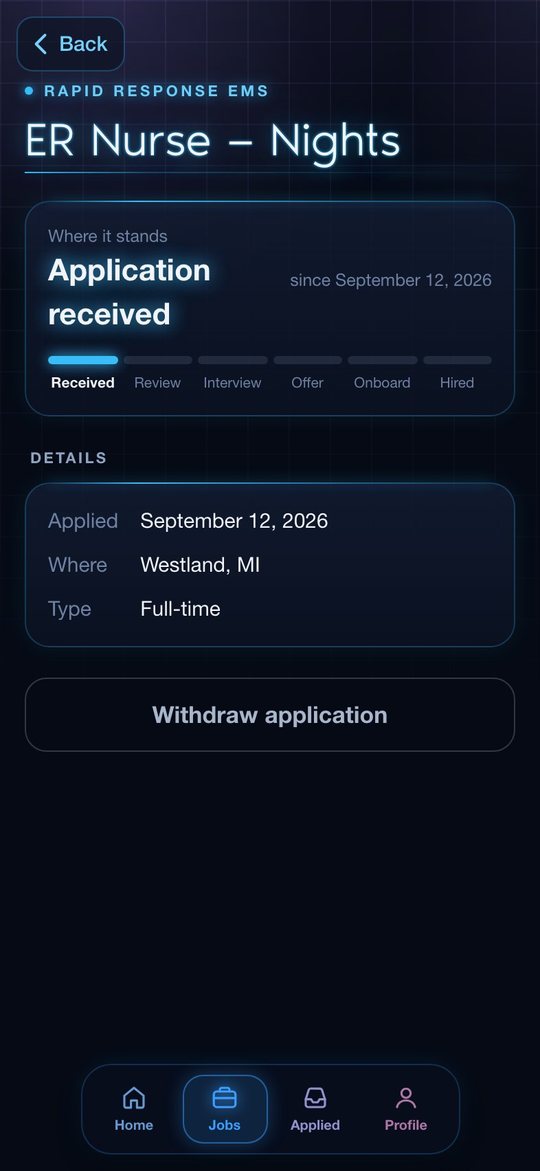 An application showing its stage, from received to hired