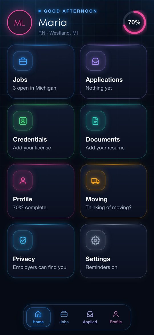 MedPro Careers home screen with glowing app icons