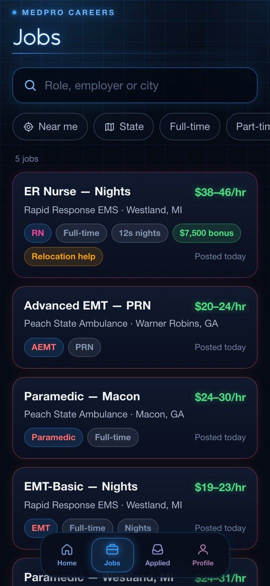 Jobs list with pay, shift and sign-on bonus
